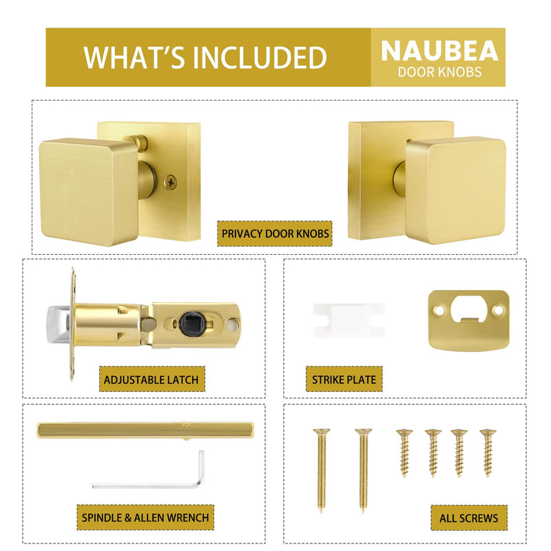 Gold Door Knobs Interior, Satin Brass Privacy Bedroom Interior Door Knob with Lock, Modern Square Brushed Brass Door Handle for Bathroom, Heavy Duty