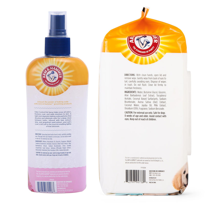 Arm & Hammer Dog Grooming Bundle - Super Deodorizing Spray (Kiwi Blossom, 8 oz) & Deodorizing Wipes (Coconut, 100 Count), Odor Eliminator for Dogs & Puppies, Whole Body & Face Cleaning - PawsPlanet Australia