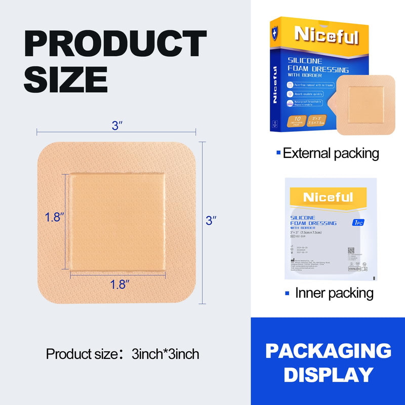 Silicone Foam Dressing with Gentle Adhesive Border 3"x 3" (Pack of 10)，High Absorbency Waterproof Silicone Wound Bandage for Large Foam Bandages for Pressure Sores Leg Ulcer，HSA FSA Eligible 3"x3" 10PCS - NewNest Australia