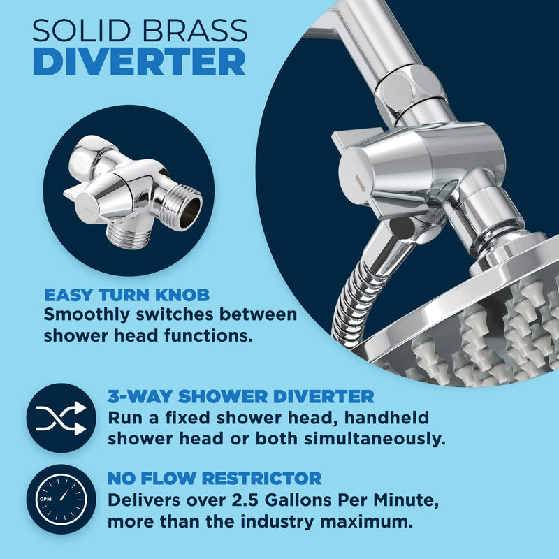 HammerHead Showers® ALL METAL 3 Way Shower Diverter Valve - Shower Arm Diverter Connects Fixed and Hand Held to Shower Arm - Shower Diverter for Dual Shower Head - Shower Splitter 2 Way - Chrome