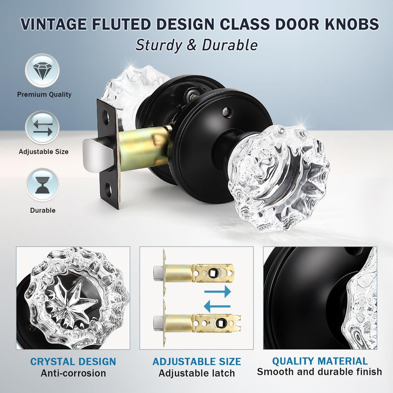 KNOBWELL Privacy Glass Door Knob Crystal Regency Fluted Door Knobset with Victorian Rosette in Matte Black, Bedroom Bathroom Door Knobs 2 Pack
