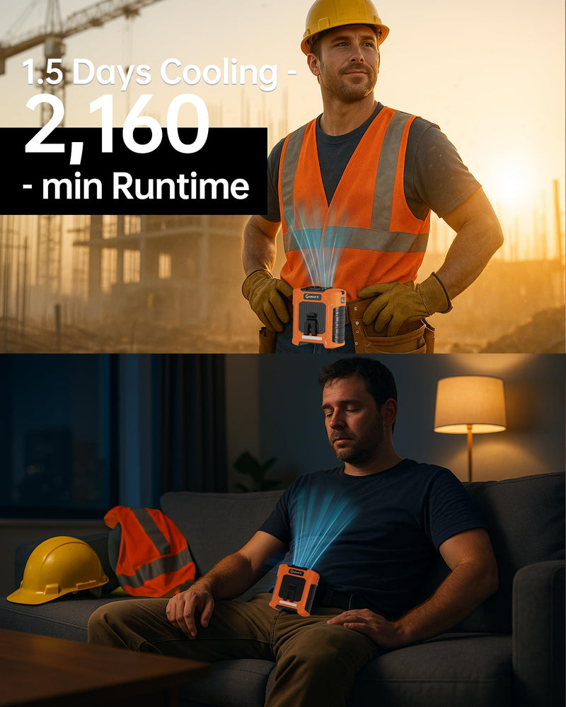 Waist Fan, 10000mAh Rechargeable Personal Fan, 8-in-1 Cooling Device, Up to 35H, 6 Speeds, 18500RPM, 59ft/s Strong Airflow, LED SOS & Red-Blue Warning Light, Hands-Free Belt Fan for Jobsite, Outdoor Orange