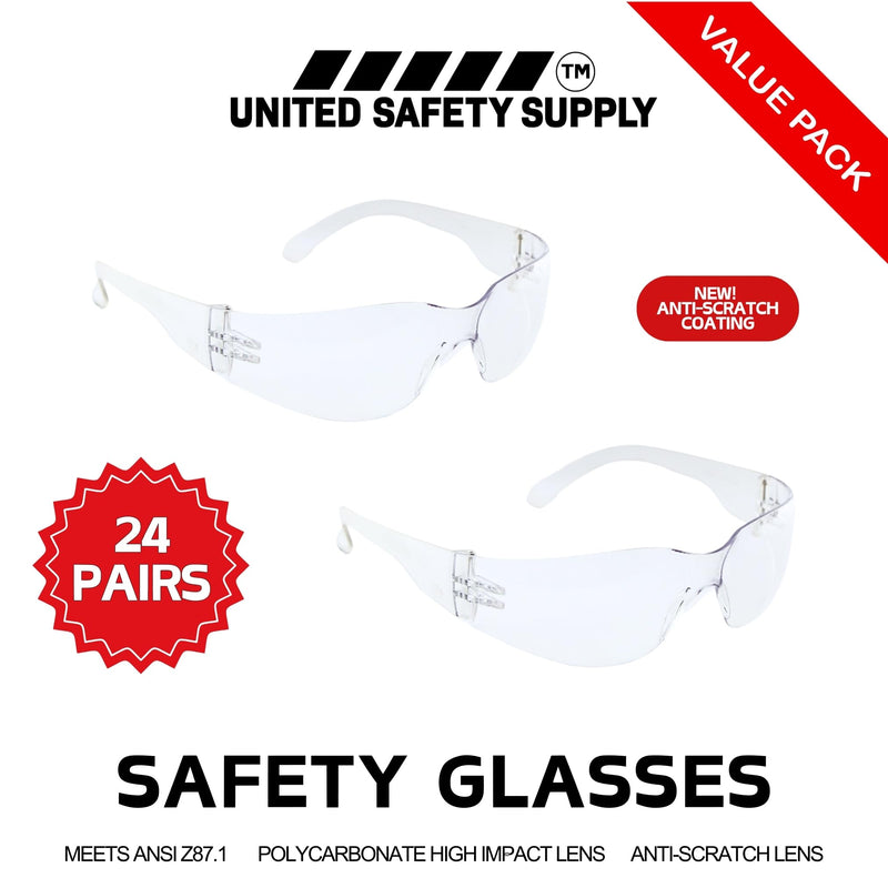 Clear Safety Glasses - Bulk 24 Pack - ANSI Z87.1 Impact Resistant Polycarbonate Lens - Protective Wrap Around Eyewear