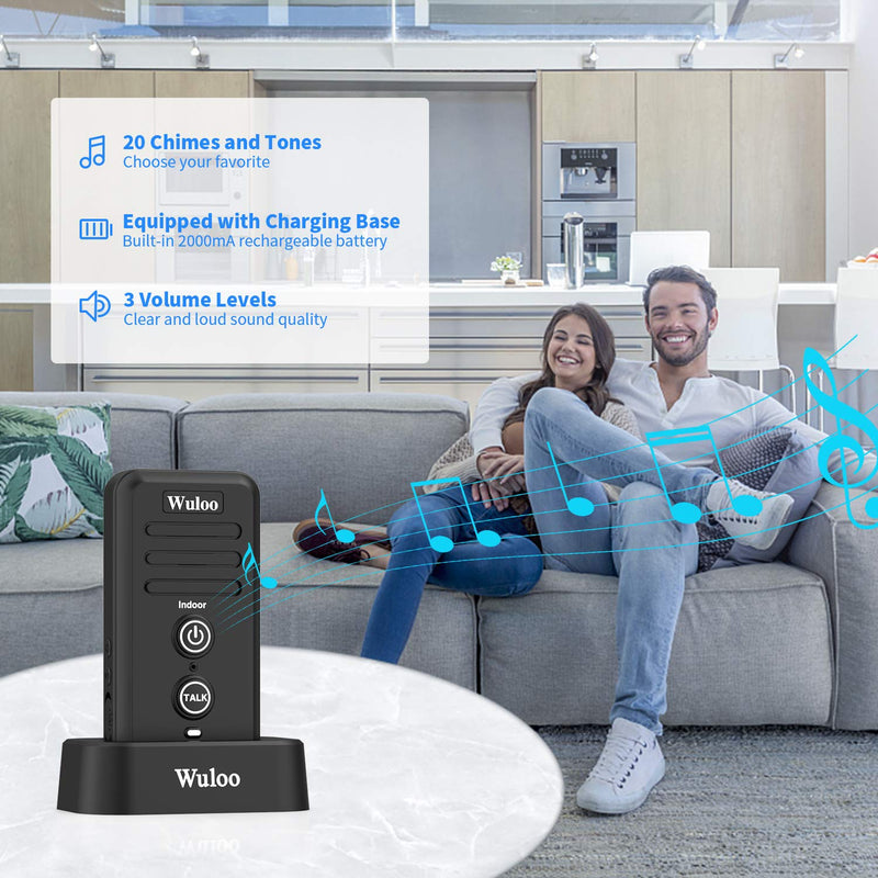 Wuloo Wireless Intercom Doorbells for Home Classroom, Intercomunicador Waterproof Electronic Doorbell Chime with 1/2 Mile Range 3 Volume Levels Rechargeable Battery (Black, 1&2) 1t2-black
