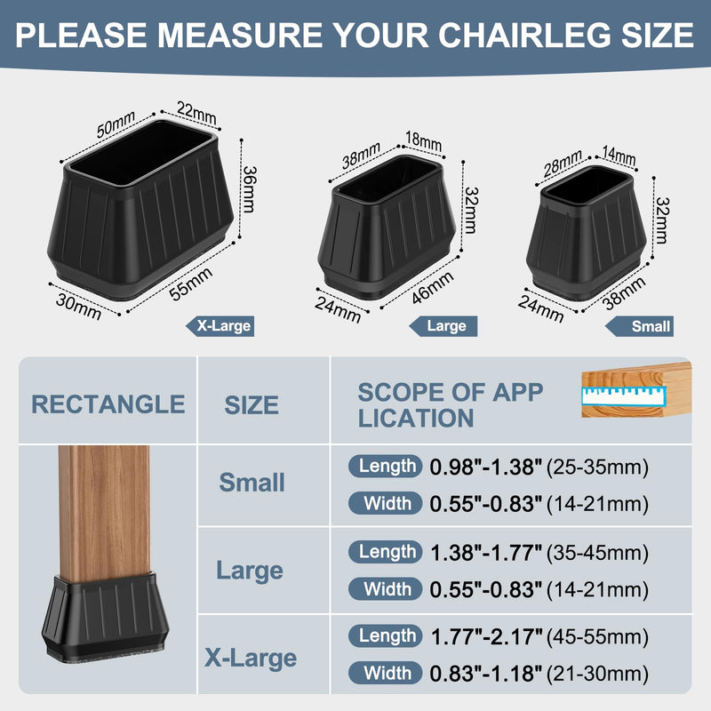 24PCS Rectangular Chair Leg Floor Protectors for Hardwood Floors, Thicken Rubber Chair Leg Cap Covers, Non Slip Furniture Leg Pads to Protect Wood Tile Floors from Scratches and Reduce Noise Black Rectangular L