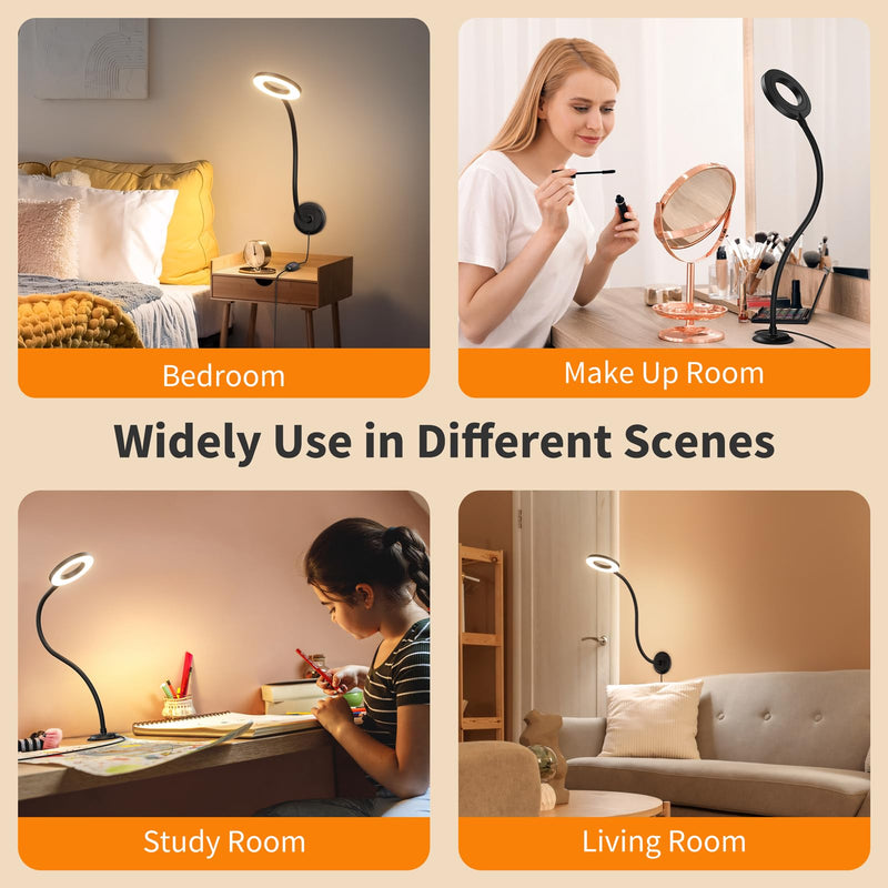 Wall Mounted Lamp, Reading Light for Book in Bed at Night, Shadowless LED Lamp for Workbench Bedroom Bedside Headboard, Eye Care 5 Color & Brightness Adjustable, 360 Flexible Gooseneck, Black 1Unit / Black