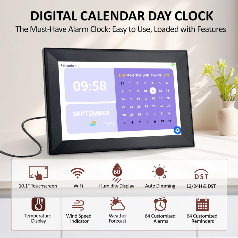 WiFi 10.1 Inch Digital Calendar Chore Chart, Smart Touchscreen Electronic Calendar Family Planner for Scheduling/Organizing/Reminders (WiFi Touchscreen Black) Wifi Touchscreen Black
