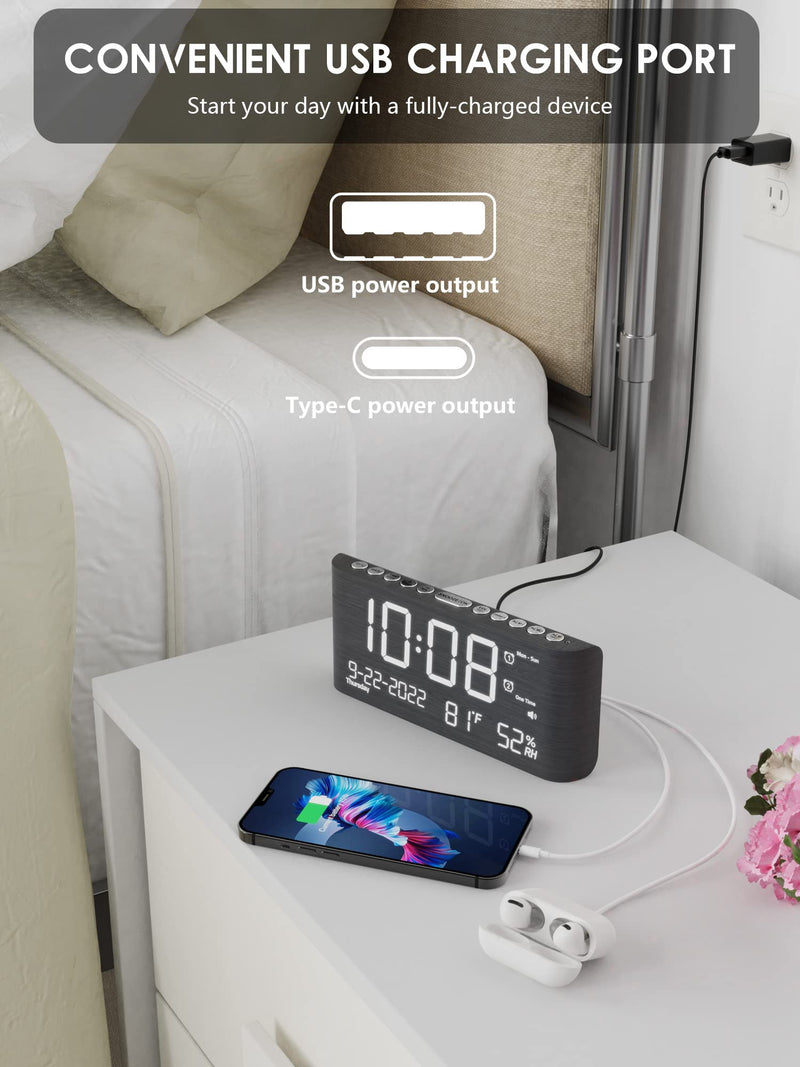 Wooden Digital Alarm Clocks for Bedrooms, Bedside Desk Clock with Day and Date, USB Charging Port, Temperature & Humidity Detect, Weekday/Weekend Mode, Dual Alarm, 2-100% Brightness Dimmer, 12/24H Darkgray