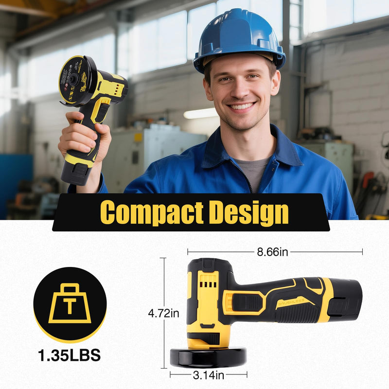 Mini Angle Grinder Kit,19500RMP Cordless Angle Grinding Tool with 2x2000mAh Batteries and 6PCS Discs,Brushless Power Grinder for Brick Wood Steel Stone