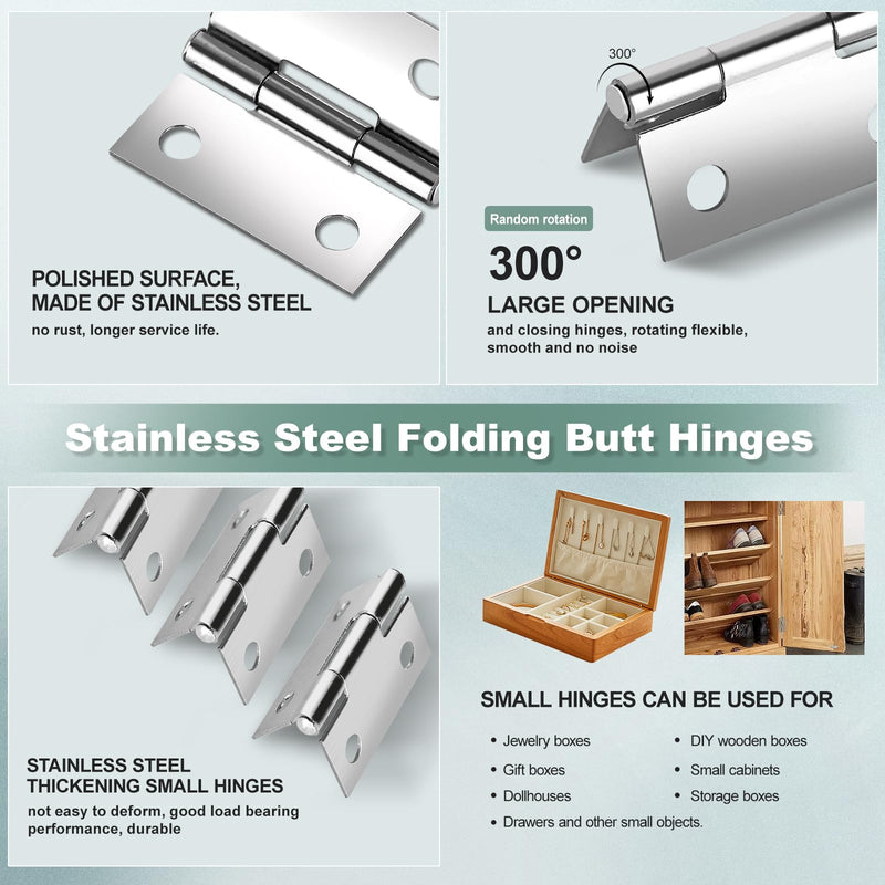 14 Sets Small Hinges with Screws, Stainless Steel Jewelry Box Hinges Silver, 1 in Mini Hinges for Wooden Box, Folding Butt Hinges, Miniature Hinges, Jewelry Box Hardware Hinges for DIY Jewelry Box