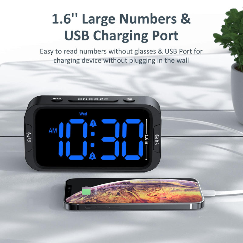 Digital Dual Alarm Clock for Bedroom, Easy to Set, 0-100% Dimmer, USB Charger, 5 Sounds Adjustable Volume, Weekday/Weekend Mode, Snooze, 12/24Hr, Battery Backup, Compact for Bedside(Blue) Black - Blue Led