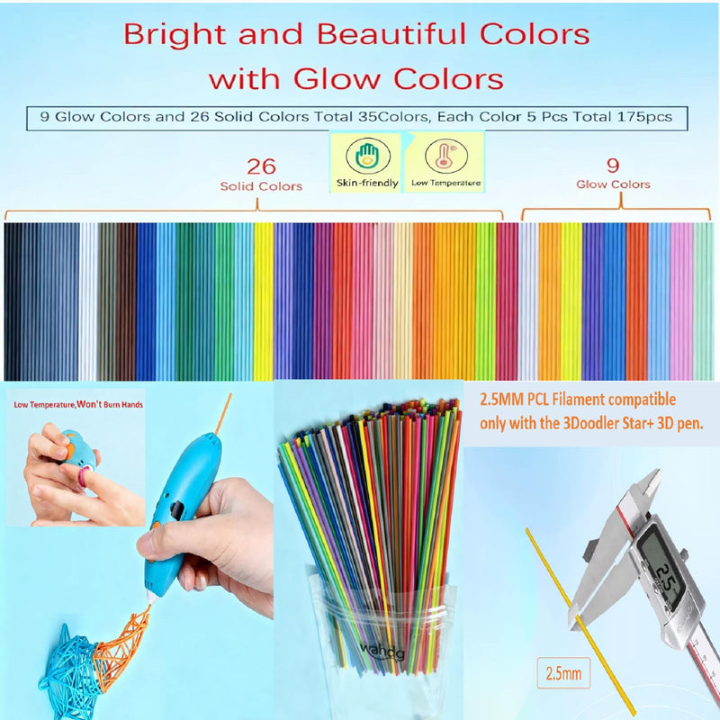 Case Compatible with 3Doodler Start+ 3D Pen for Kids | 3D Printing Pen Accessory 175PCS PCL Refills Packs, 1pc Silicone Stencil, 4Pcs Finger Protectors, 1pc Drawing Guide Book