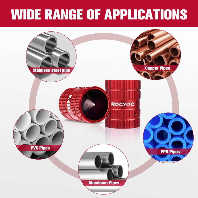 Pipe Reamer Tool, HVAC Deburring Tool for Pipe Cleaning from 1/4 Inch to 1-1/4 Inches, Inner Outer Copper Reamer with 40 Sharp Stainless Steel Reamers for PVC, Copper, Aluminum, PPR Tubes, Red 209A