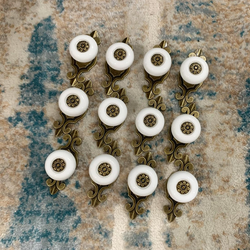 Retro Ceramic Cabinet Knobs, [12 Pack] Antique Vintage Dresser Knobs with Backplate, Drawer Pull Handles for Kitchen/Dresser Drawer/Cupboard/Wardrobe, White White-backplate 12 Pieces