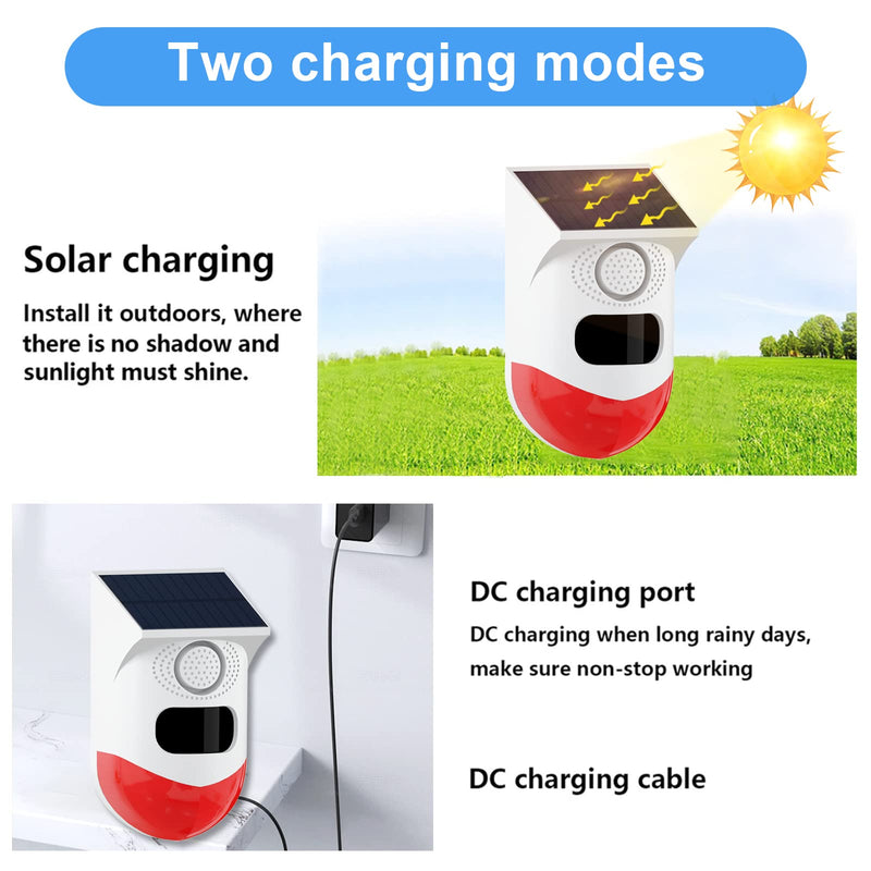 ChunHee Solar Motion Senor Alarm Outdoor Motion Detector Alarm 2 Adjustable Sensitivity 129db Lond Sound Security Siren Light IP67 Waterproof for Garden,Home,Farm,Barn,Yard 2 Light+1 Remote Control