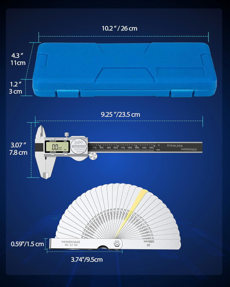 Digital Caliper Measuring Tool, 6 Inch with Feeler Gauges, IP54 Waterproof Stainless Steel, MM/Inch/Fraction, (ABS) Absolute Scale Calipers, Auto-Off LCD Micrometer Vernier Caliper