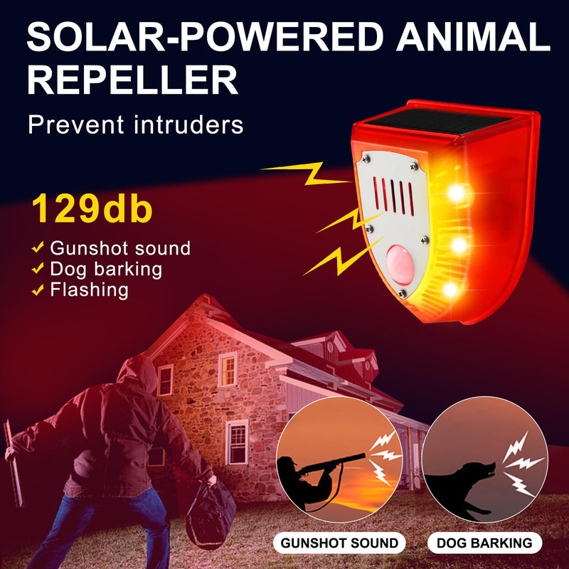 Qualirey 4 Pcs Solar Alarm Motion Detector with Sound Outdoor Motion Sensor 129db Barking Dog Strobe Light Gunshot Sound Alarm Detector Noise Maker Warning Lamp for Home Villa Yard Farm