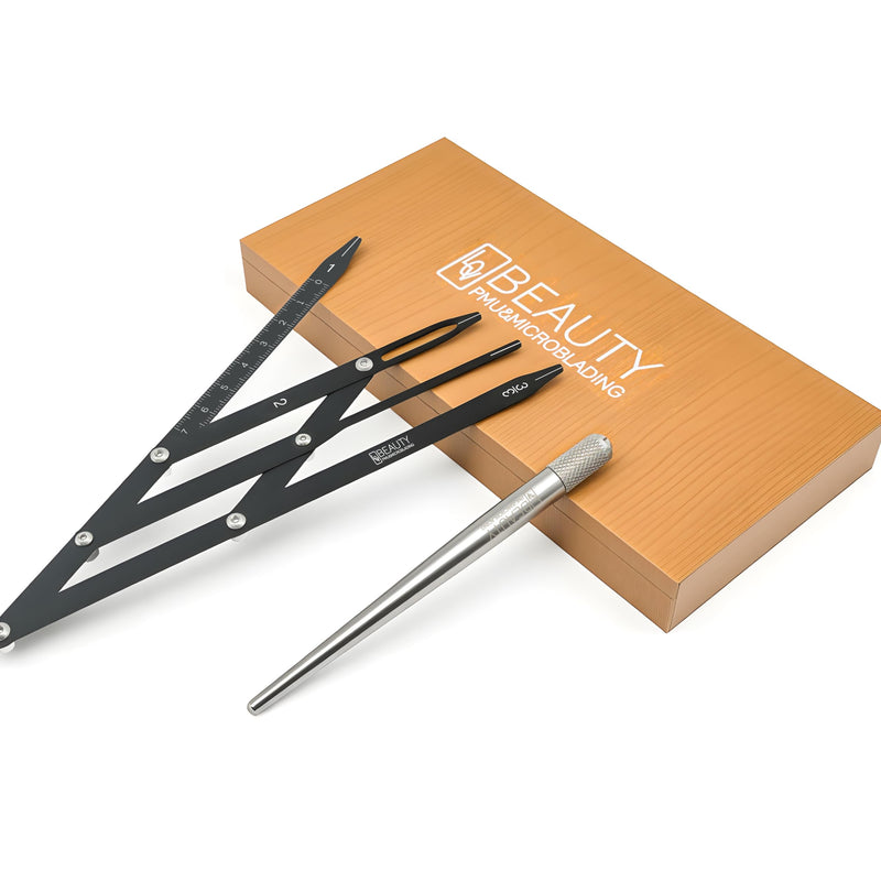 Eyebrow Ruler Brow Compass Golden Ratio Stencil Flexible Arms Microblading Tattoo Eyebrow Positioning Measurement Calipers Foldable Makeup Symmetrical Tool with Stainless Steel Microblading Pen Set