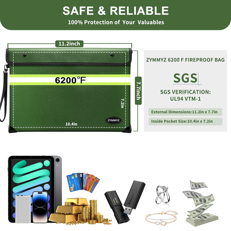Fireproof Bag for Documents 6200°F Heat Insulated,Non-Itchy Fire Proof Money Pouch with Water Resistant Zipper,Fireproof Water Proof Document Envelopes for Cash,Valuables Green Medium Size