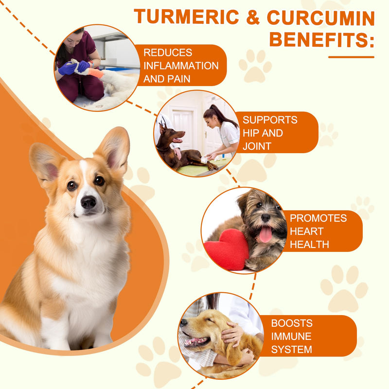 Turmeric for Dogs - 180 Turmeric Curcumin Tablets Supports Heart, Joint & Inflammation, Hip & Joint Aid, Dog Pain Relief, Allergy & Itch Relief, Duck Flavour