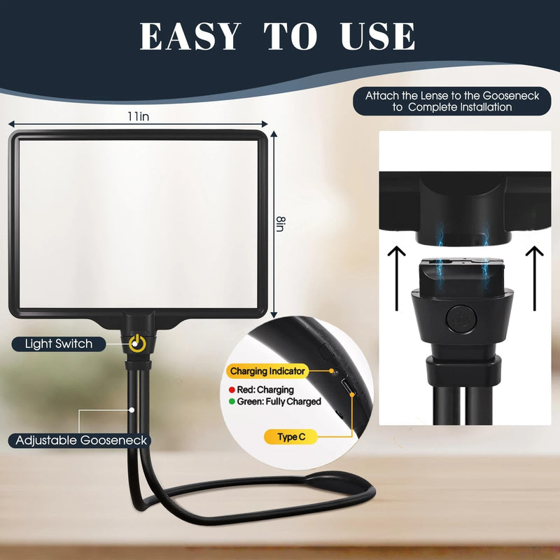 Extra Large 10X Magnifying Glass with Light Hands Free, 3600mAh Rechargeable Full Page Magnifier with Bag, 6 Color Modes 106 LEDs, Neck Wear Magnifier for Reading, Crafts, Sewing, Low Vision & Seniors