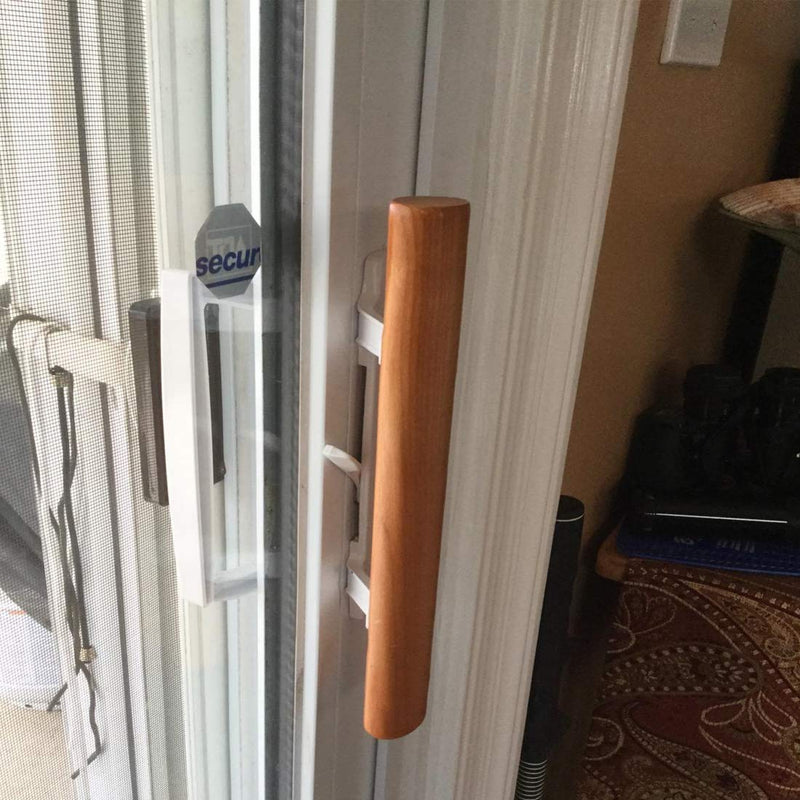 Sliding Glass Door Handle Set Oak Wood Interior Handle and Exterior Pull White Diecast Finish+Mortise Lock 45° Keyway Fits 3-15/16” Screw Hole Spacing, Non-keyed with Latch Locks(White)