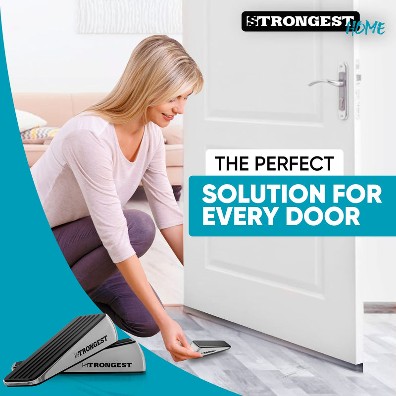 Strongest Home Door Stopper, Heavy Duty Door Stop Wedge Made of Premium Quality Zinc and Rubber Suits Any Door, Any Floor, Plus Set of 2 Self-Adhesive Wall Bumpers Black Silver 2 Pack