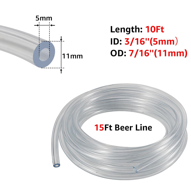 15FT Beer Line Keg Line Tubing, 3/16 ID Beer Keg Line Beverage Line Tubing with Hose Clamps, Kegerator Line Draft Beer Dispensing Line for Homebrew (Transparent Beer Hose) 15ft - Clear Beer Line