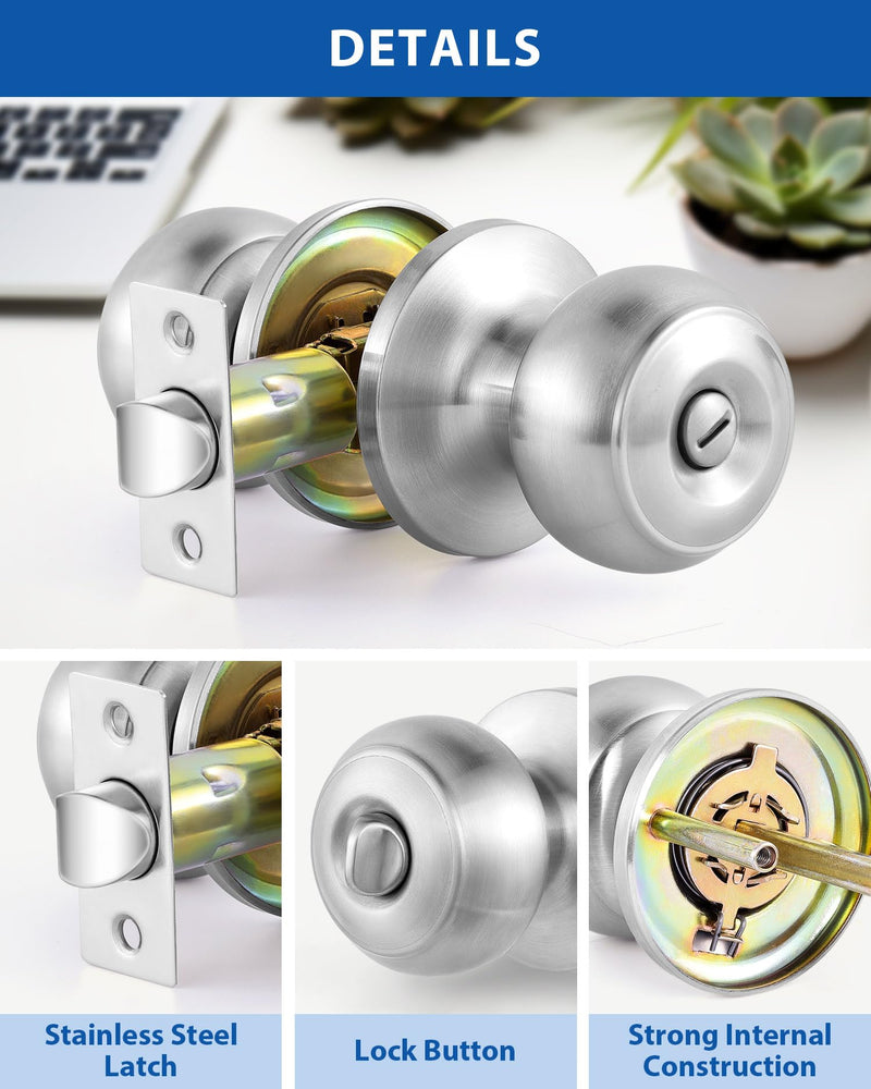 Lanwandeng 5 Pack Interior Door Knobs for Bedroom or Bathroom Keyless, Brushed Nickel Privacy Door Knob, Round Ball Bath/Bed Door Locks Satin Nickel