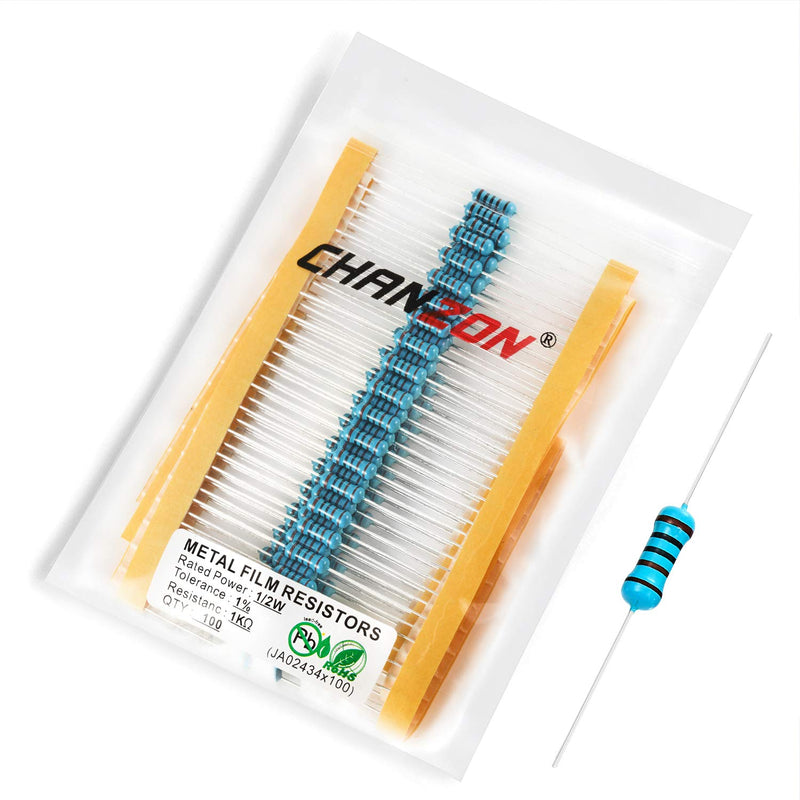 Chanzon 100pcs 1/2W (0.5W) 1K Ω ohm Metal Film Fixed Resistor 0.01 ±1% Tolerance 1KR MF Through Hole Resistors Current Limiting Rohs Certificated [1-2ZC11] 1K ohm