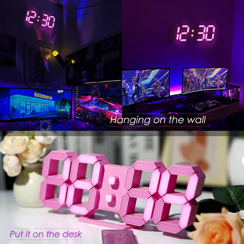 KOSUMOSU Pink LED Clock 3D Wall Clock 9.7" Table Clock for Living Room Modern Digital Clock for Bedroom Aesthetic Bedside Desk Clock with Remote/Dimming/12/24H/Temp/Alarm Clock/Date 9.7in Pink Clock-pink Light