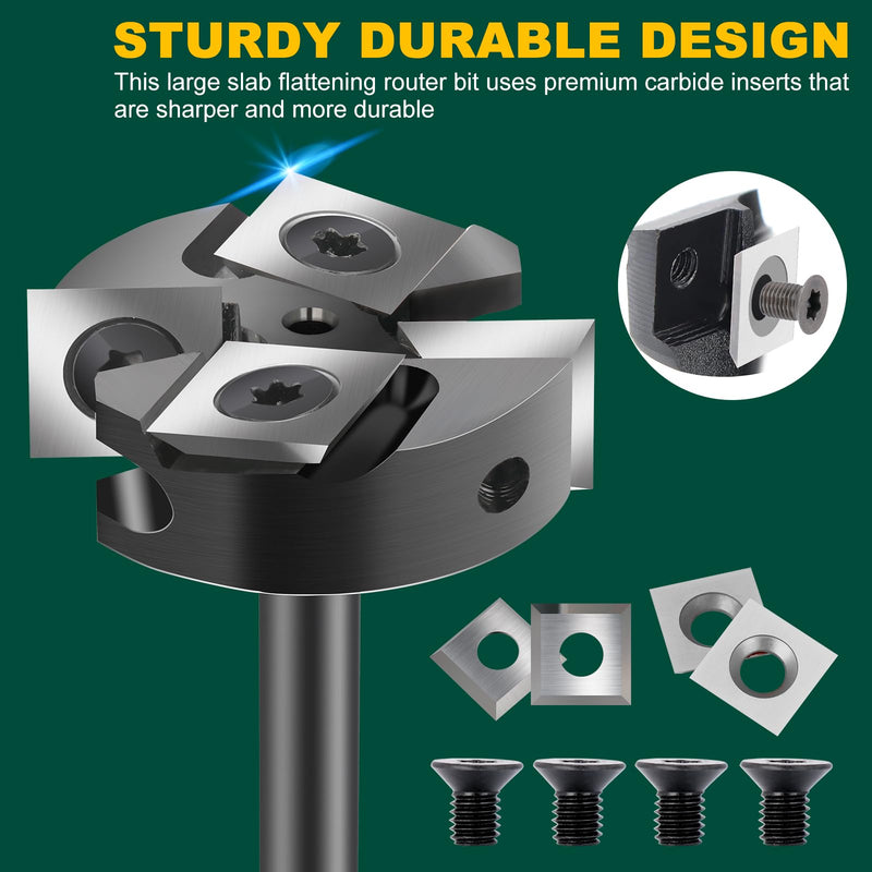 Slab Flattening Router Bits 1/4'' Shank, 1-3/8'' Cutting Diamater | CNC Spoilboard Surfacing Router Bit, CNC Router Flattening Bit for Wood Planing Woodworking Tools 1/4" Shank-1-3/8" Cut Dia. (2+2 Inserts)