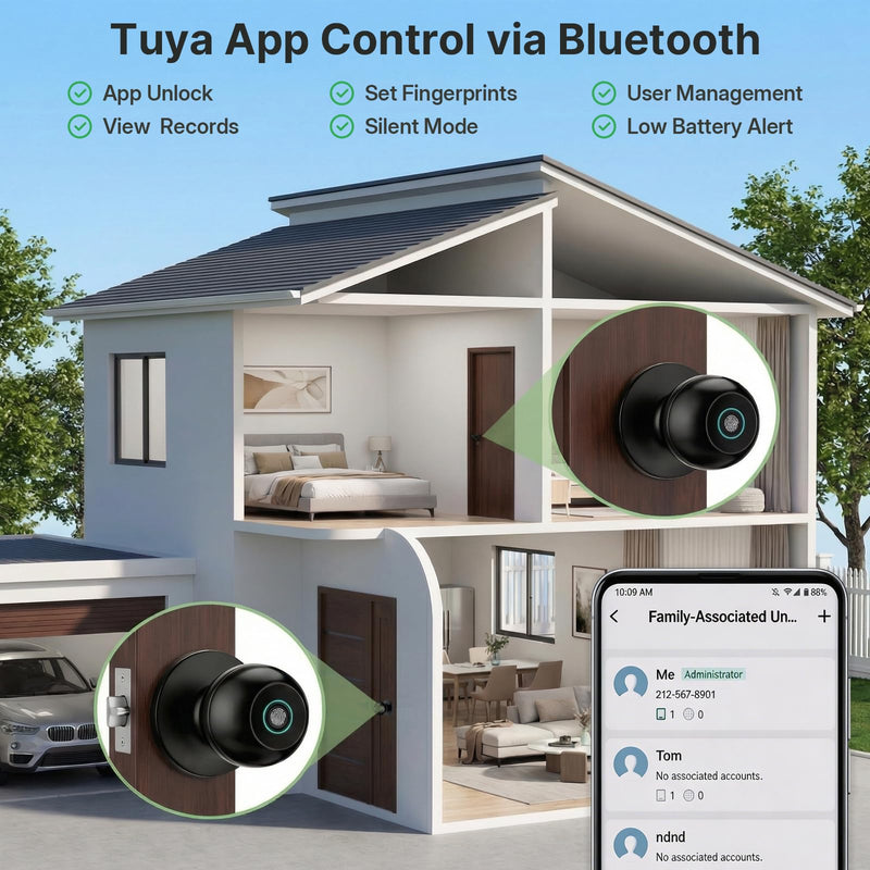 Fingerprint Door Knob, Smart Door Knob Lock with Bluetooth App Control and Backup Keys, 3-in-1 Biometric Door Lock for Bedroom, Home Office and Apartment, Matte Black