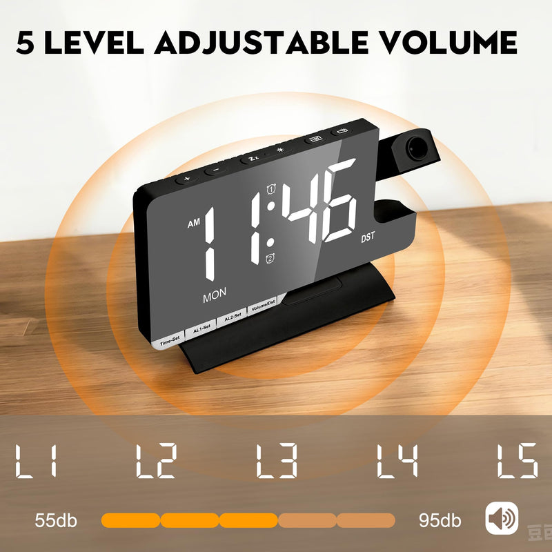 SZELAM Digital Clock,Alarm Clock Bedside with Projection,7.3" Mirror Clock with 180°Rotating Projector,Dual Alarm with 3 Mode,Brightnee Adjust,DST,Snooze,Charging Port,5 Levels Volume for Desk Teens Black