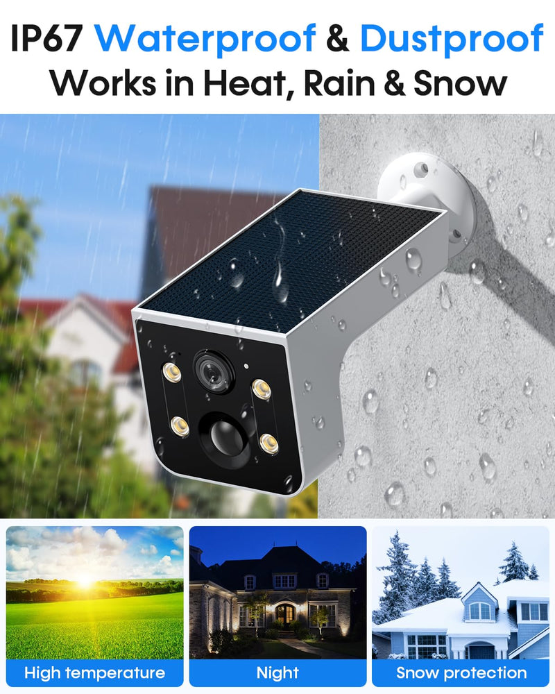 Solar Powered Outdoor Wireless Camera: 2K HD, Motion Detection, Color Night Vision, Waterproof IP67, Easy Setup for Home & Business Monitoring, No Monthly Fees White Single Pack