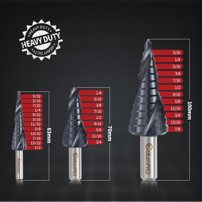 3PCS Cobalt Step Drill Bit Set for Stainless Steel & Hard Metal,M35 HSS Unibit with TiAlN Coating,Spiral Flute Design,1/8"-1/2", 1/4"-3/4", 3/16"-7/8" for Iron, Aluminum, and Alloy Drilling 3PCS-Cobalt Step Drill Bit Set (SAE)