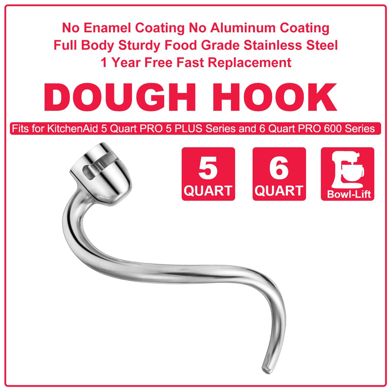 Stainless Steel Dough Hook for KitchenAid Bowl-L Professional 600&Pro 5 Plus Mixer, Heavy Duty, Dishwasher Safe Fit for KSM5 KV25G0X KV25G8X KV25H0X KP26M1X KP26M8X 5/6 Qt Bowl-Lift Dough Hook
