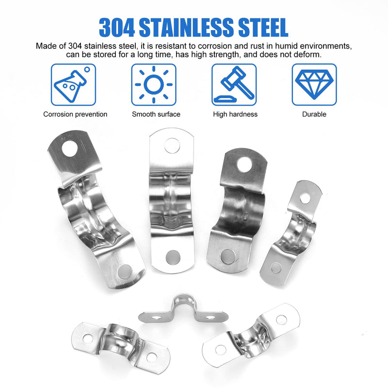 90 Pcs Two Hole Strap U Clamp,Pipe Strap U Bracket Clamp, Stainless Steel Rigid Pipe Strap U Bracket Tube Strap Clamp Kit for Pipe Tube Fixing Mounting - 5/16" 3/8" 9/16" 1/2" 5/8" 3/4" 1"