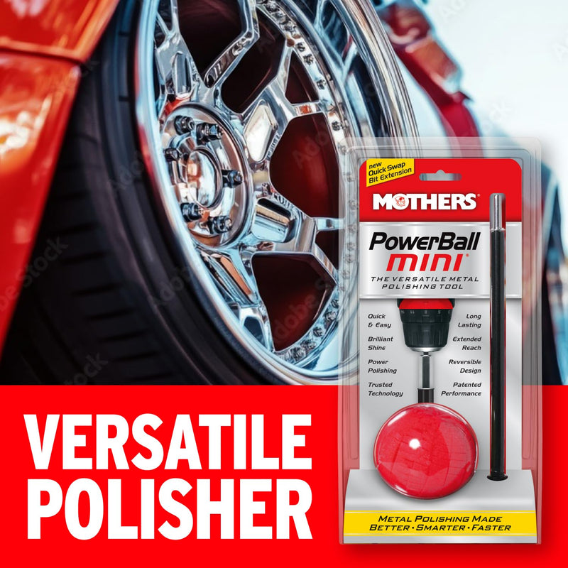 Mothers PowerBall Mini, Polishing Tool with 10” Quick Swap Bit – Drill-Powered, Cleans & Polishes Tight Areas on Wheels, Diamond Plate, Lenses, Engine Parts & More, Fast & Unmatched Shine (05141)