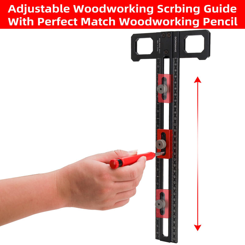 GOINGMAKE Woodworking Scriber Marking Line Ruler with Pencil and Precision Sliding Guide, Adjustable Aluminum Alloy Sliding T-Square Ruler, Precision Line Drawing Aid T Ruler, 12 Inch Carpenter Square