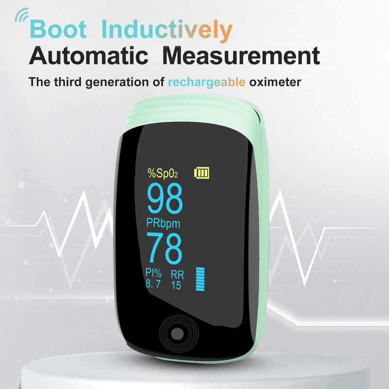 Fingertip Pulse Oximeter with Respiration Rate Monitoring, PI & RR Measurements, Rechargeable Blood Oxygen Monitor with Heart Rate and Fast Spo2 Reading, Pulse Ox with OLED Display, 6 View Modes & Auto-Rotating Screen (Green)