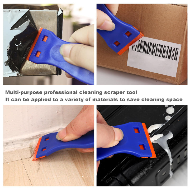 4 PCS Plastic Razor Blade Scraper and 120 PCS Plastic Razor Blades, Cleaning Scraper Tool for Remover, Adhesive, Stickers, Decals, Glass, Labels, Cars Windows Blue
