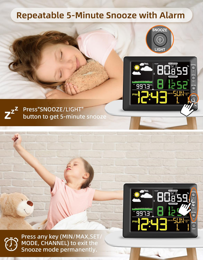 DOOMAY Indoor Outdoor Wireless Weather Station | Digital Thermometer Hygrometer Monitor with Barometric Pressure, Weather Forecast, Alarm Clock & Temp/Humidity Calibration