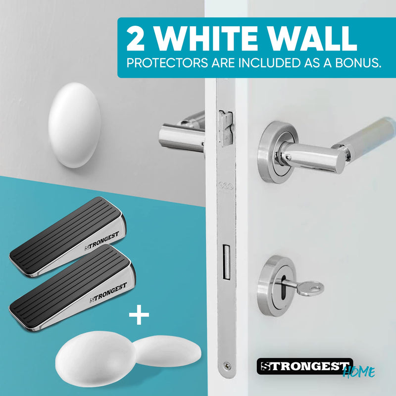 Strongest Home Door Stopper, Heavy Duty Door Stop Wedge Made of Premium Quality Zinc and Rubber Suits Any Door, Any Floor, Plus Set of 2 Self-Adhesive Wall Bumpers Black Silver 2 Pack