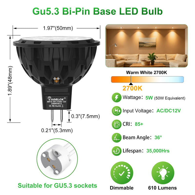 Dimmable GU5.3 LED 2700K Warm White, 5W MR16 Light Bulb 50W Halogen Equivalent, 36 Deg 610LM, CRI>85, 35000hrs Lifespan, Flicker-Free 12V LED Spot for Accent Recessed Track Landscape Lighting, 6 Pack