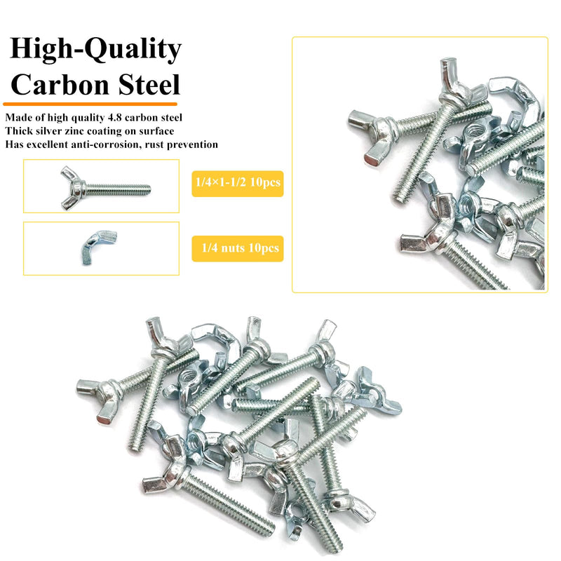 20 Sets 1/4"-20 x1-1/2 Wing Screw Bolts and Wing Nut Kit Butterfly Screws and Nut with Hand Twist Tighten Wing Head Zinc Plated Hardware Fitting Fastenings Assortment Kit Silver 10 Sets 1/4"-20 x1-1/2" WingScrews&WingNuts