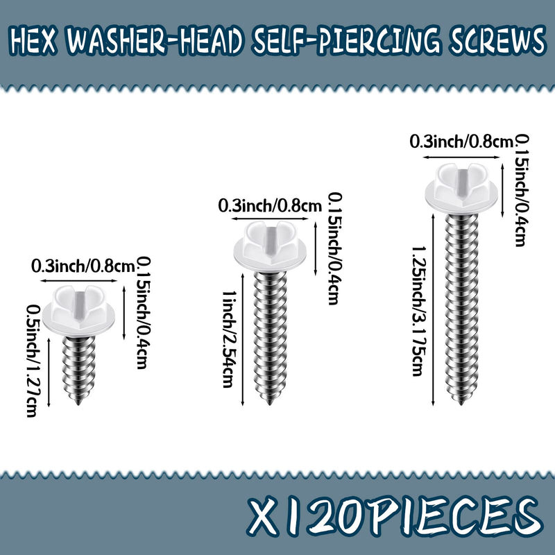 120 Pcs #8 White Gutter Screws White Sheet Metal Screws White Hex Washer Head Screws White Self Tapping Screws White Zip Wood Screws for Gutter and Downspout (1/2 Inch, 1 Inch, 1-1/4 Inch) 1/2 Inch, 1 Inch, 1-1/4 Inch