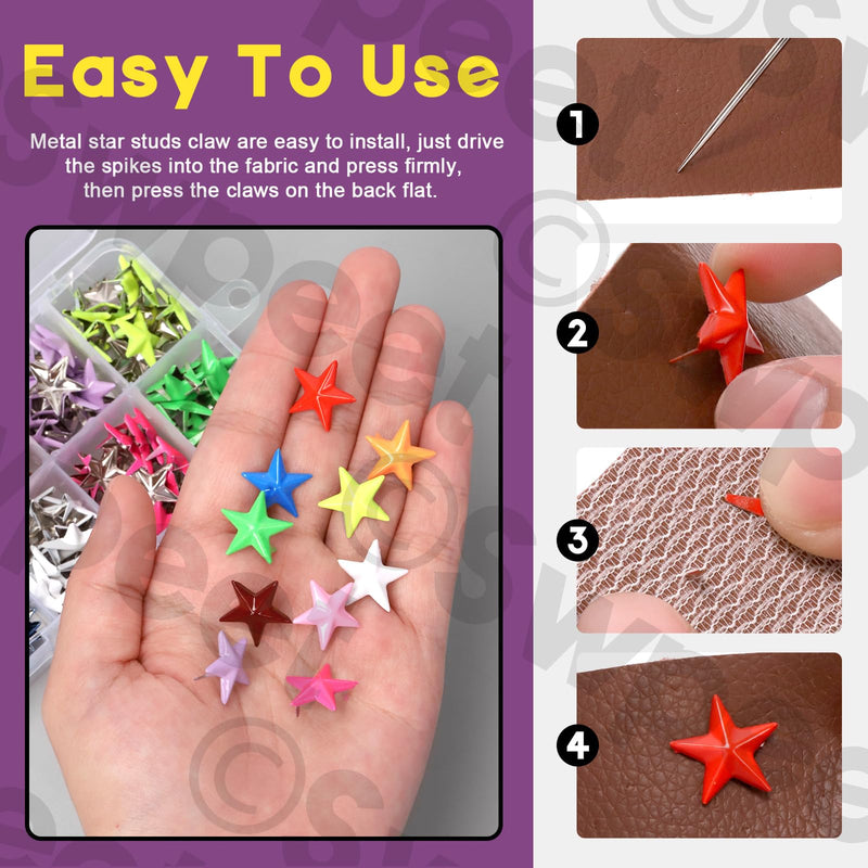 Swpeet 151Pcs 15.7mm 10 Colors Metal Star Studs Claw 5-Claw with Large Eye Needles Kit, Hand Pressed Punk Studs Rivets, Leather Rivets Ideal for DIY Leather Clothing Dog Collars Bracelets