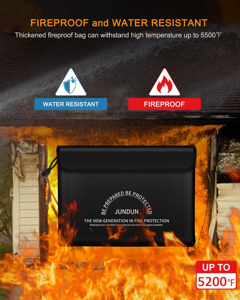 JUNDUN Fireproof Document Bag with 5200℉ Heat Insulated,14.0”x10.4” Waterproof and Fireproof Money Bag,8 Layers Thickened Fire Safe Storage Bag Pouch with Zipper for Document,Money,Black and Large Black