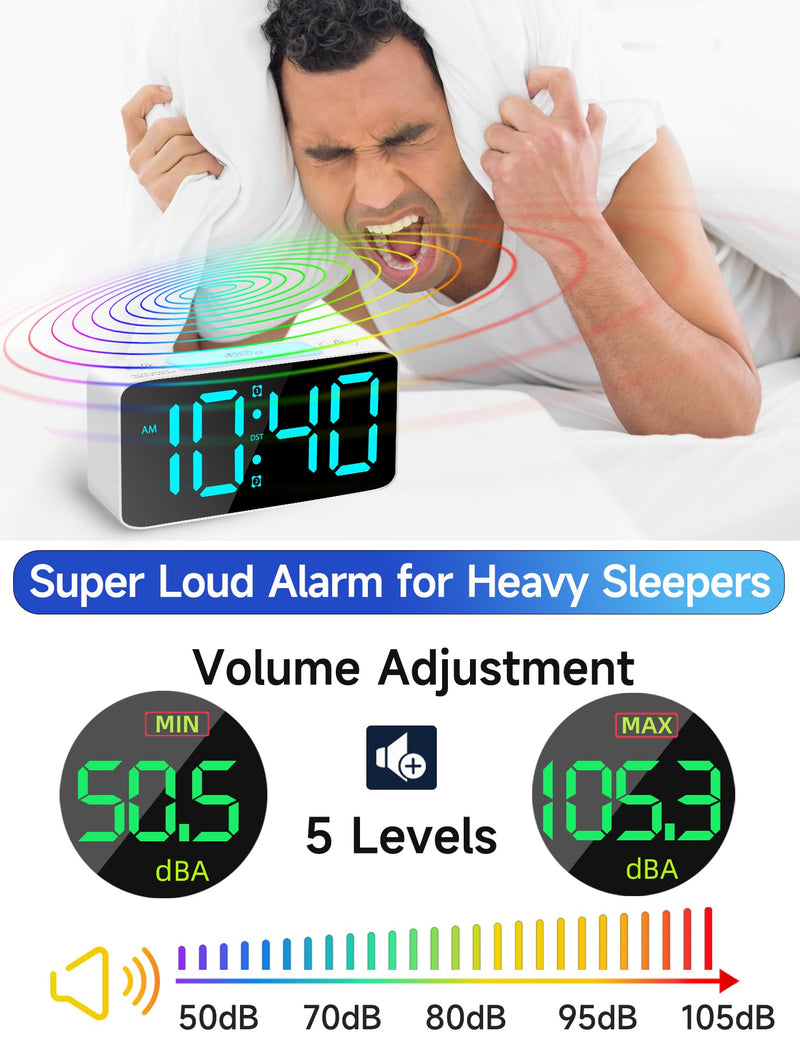 Cadmos Super Loud Alarm Clock for Heavy Sleepers Adults,Digital Clock with 7 Color NightLight,Adjustable Volume,USB Charger,Small Clocks for Bedrooms,Ok to Wake Up for Kids,Teens (White+RGB) White+rgb